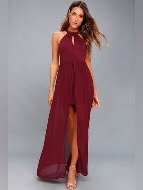 LULU'S My Beloved Burgundy Red Lace Maxi Dress Wedding Prom Formal Size Small